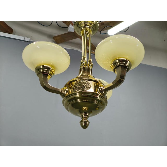 Neoclassical Art Deco Brass Chandelier, Czechoslovakia, 1930s For Sale - Image 6 of 13