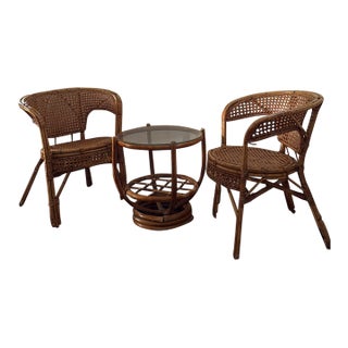 1960s Vintage Rattan & Bamboo Bistro Set of 3 For Sale