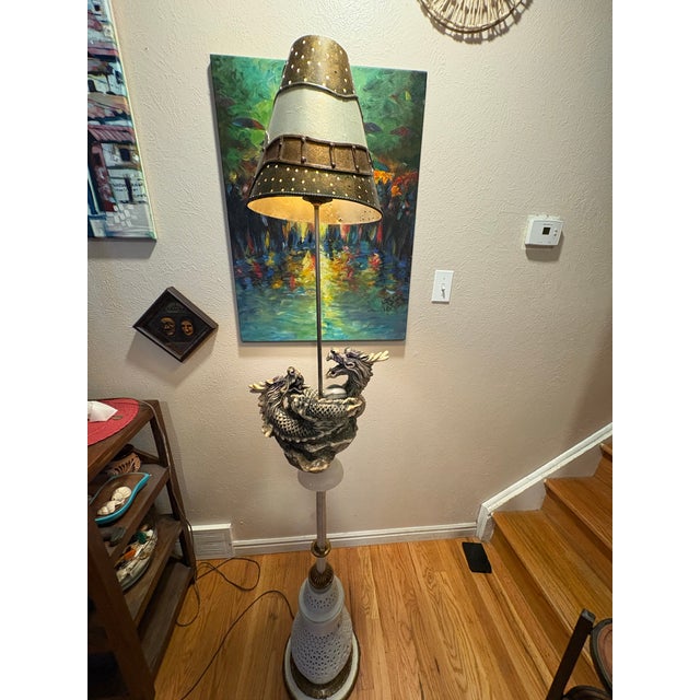 Ceramic Mid 20th Century Hollywood Regency Chinoiserie Reticulated Ceramic & Dual Dragon Floor Lamp For Sale - Image 7 of 12