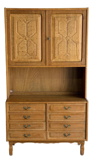 Vintage Danish Oak Hutch Cabinet in Style of Henning Kjærnulf Scandinavian Display Cabinet