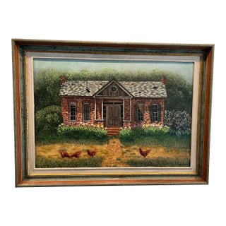 1950s Farm House Oil Painting Surrounded With Chickens and Bright Green Grass For Sale