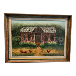 1950s Farm House Oil Painting Surrounded With Chickens and Bright Green Grass