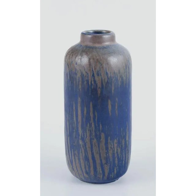 Gunnar Nylund for Rörstrand. “Rubus” vase of ceramic. Glaze in blue and gray tones. Circa 1960s. Marked. Perfect...
