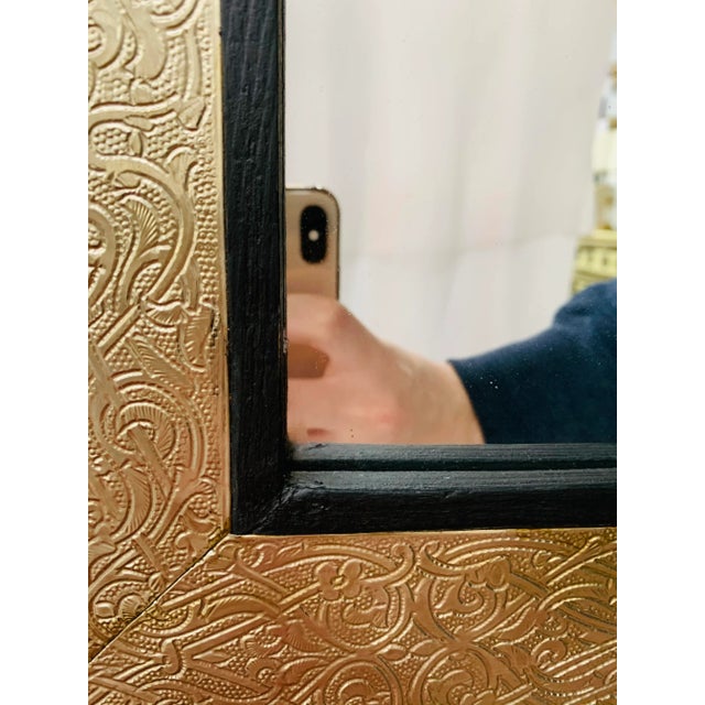 Wood Vintage Hollywood Regency Wall Mirror, Ebonized Wood & Brass Filigree For Sale - Image 7 of 10
