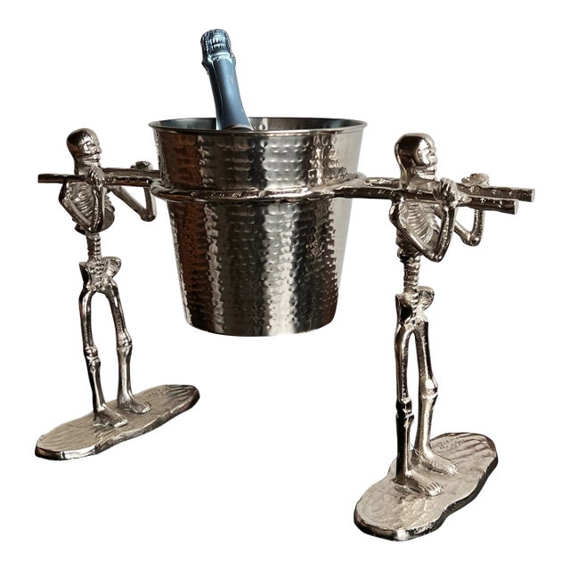 Macabre Chrome Metal Champagne Ice Bucket With Skeleton Pallbearers For Sale