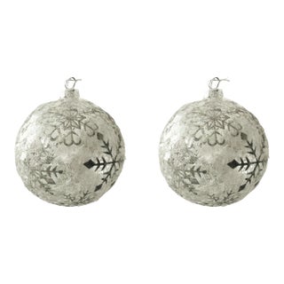 Jumbo Embellished Silver Glass Christmas Ornaments - Set of 2 For Sale