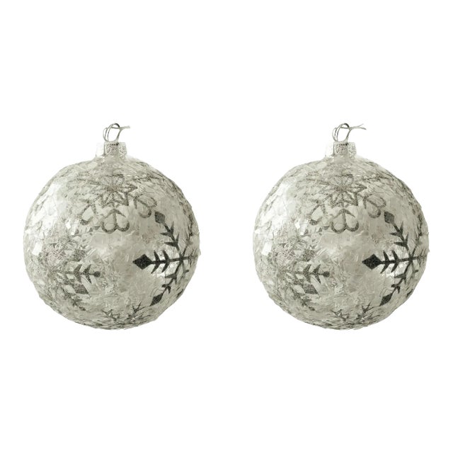 Jumbo Embellished Silver Glass Christmas Ornaments - Set of 2 For Sale
