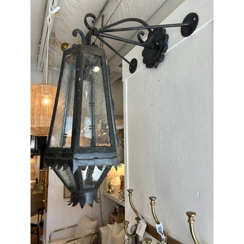 Black Vintage Iron Lantern Wall Sconces With Glass Seeded Panels - a Pair For Sale - Image 8 of 17