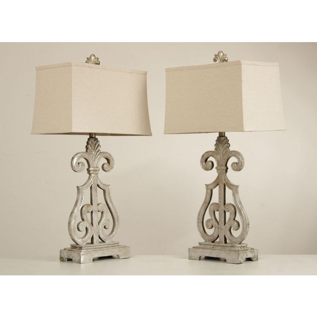 Quality Pair of Silver-Painted Sculpted Resin Table Lamps With Shades