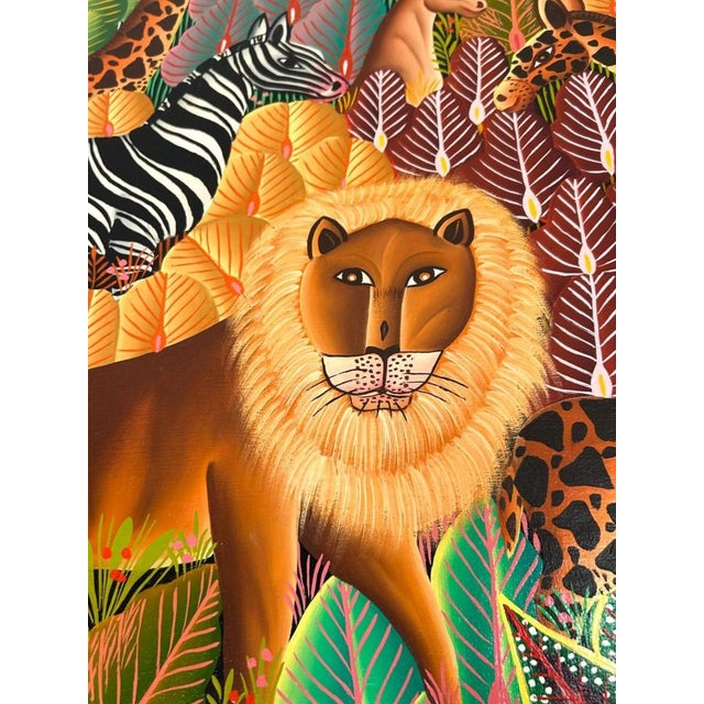 Modern Late 20th Century Modern Folk Art Jungle Painting W Lions Zebras & Giraffes Signed For Sale - Image 3 of 7