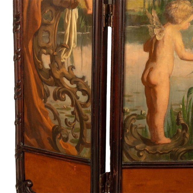 Antique French Rococo Oil Canvas Walnut Painting Landscape Cherubs Screen 1870 For Sale - Image 13 of 18