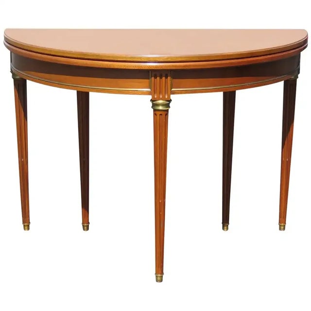 Late 20th Century French Directoire Style Brass Ormolu Mounted Walnut Demilune Console Sofa Table For Sale - Image 5 of 5