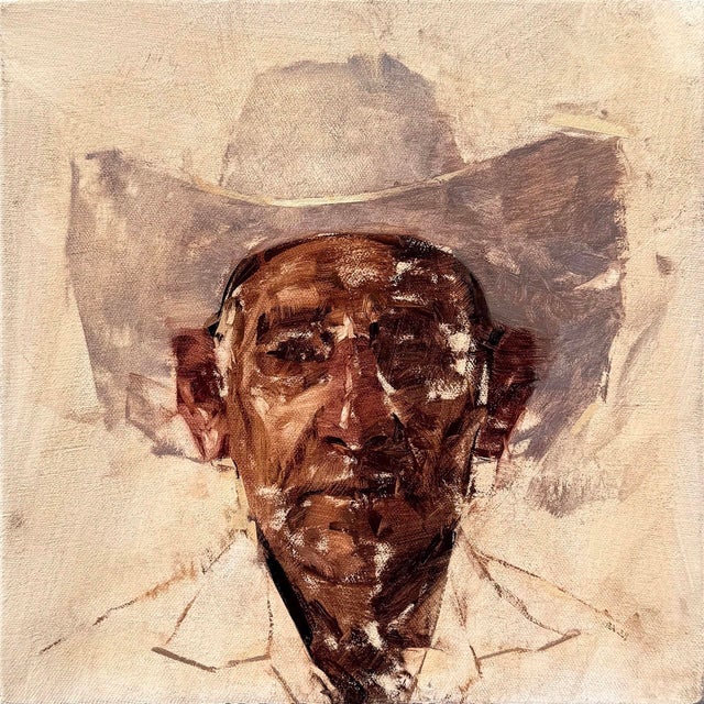 Bad Hombre XXXI by Mark Andrew Bailey | Oil on canvas Portrait of an older man wearing a hat For Sale
