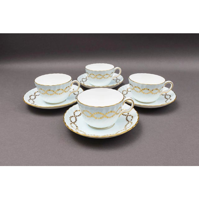 Late 20th Century Minton England S600 Gold Laurel Leaves Light Blue Tea Cup & Saucer Set- 8 Pieces For Sale - Image 10 of 10