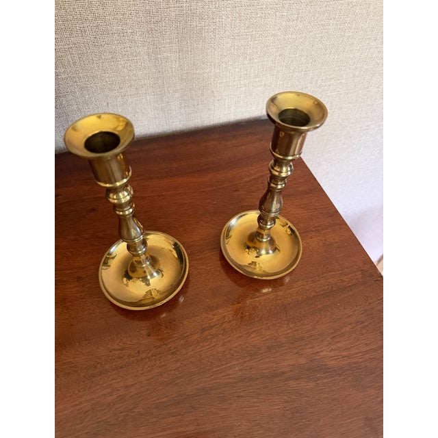 1970s Vintage Polished Brass Candlesticks - A Pair For Sale - Image 5 of 6