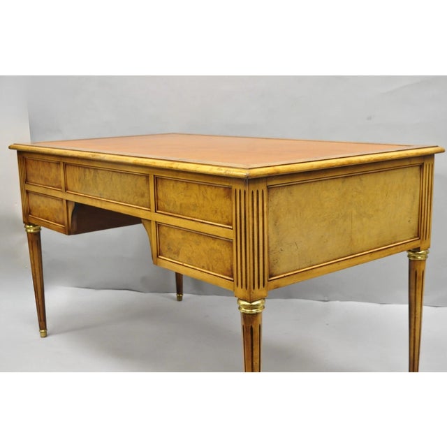 Vintage French Louis XVI Style Burl Walnut Tooled Leather Top Writing Desk For Sale - Image 10 of 18