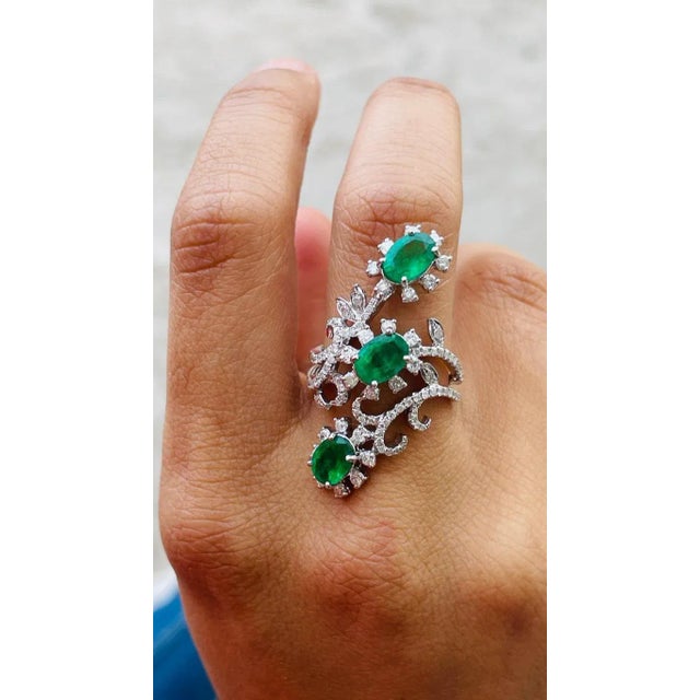 Not Yet Made - Made To Order 14k White Gold Three Stone Emerald and Diamond Cocktail Ring Size 7 For Sale - Image 5 of 7