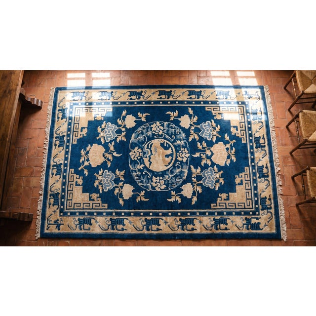 Navy Blue 1800s Blue Navy Medallion Foo Dog Antique Chinese Ningxia Rug 4'10" X 6'9" Handknotted Wool Carpet For Sale - Image 8 of 8
