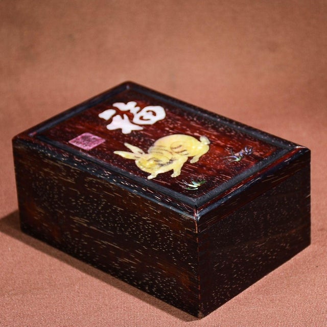 Late 20th Century Vintage Zitan Wood Slide-Open Jewelry Box With Mother-of-Pearl Rabbit Inlay For Sale - Image 5 of 8