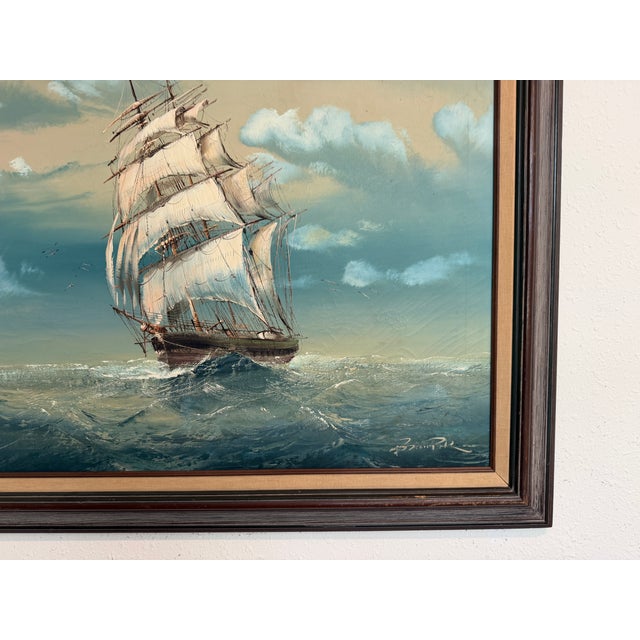 Large Vintage Signed Original Marine Oil Painting Tall Ship Nautical Seascape For Sale - Image 12 of 14