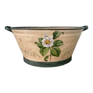 Vintage Hand-Painted Tole Camellia Cachepot Jardinière With Handles For Sale