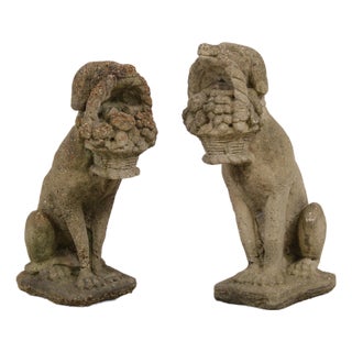 Vintage Weathered Concrete Garden Dog Statue For Sale
