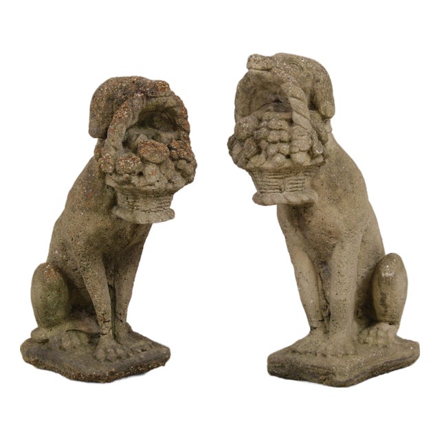 Vintage Weathered Concrete Garden Dog Statue For Sale