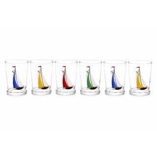 Vintage Set 6 Hand Painted Sailboat Shot Glasses Nautical Barware For Sale