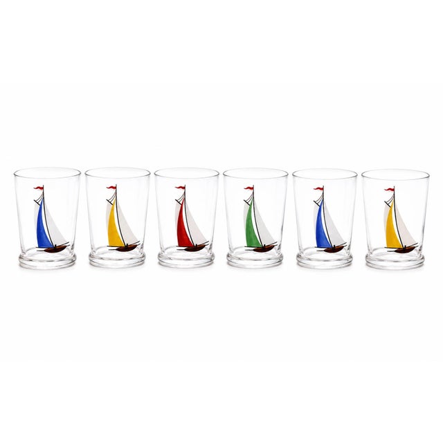 Vintage Set 6 Hand Painted Sailboat Shot Glasses Nautical Barware For Sale