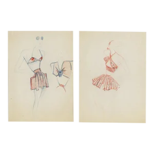 1940s Rare Set of 2- French Fashion Design Drawings-Beachware