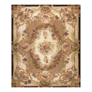 1870s Brown Floral Medallion Antique French Aubusson Napoleon III Carpet 11' X 13' 7" Flatweave Wool Rug
