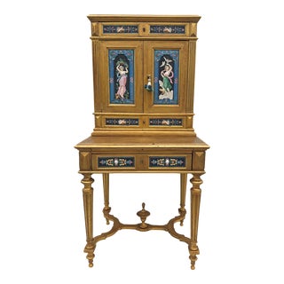 1920s Hollywood Regency Style Gold Painted Secretary With Ornate Plaques For Sale