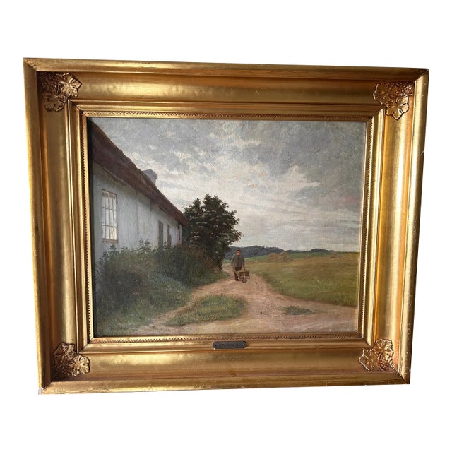 Antique Original Oil Painting by Gustav Vermehren, Cottage at Dusk, Realism For Sale