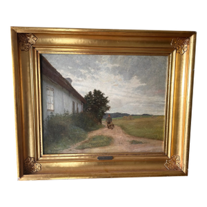 Antique Original Oil Painting by Gustav Vermehren, Cottage at Dusk, Realism
