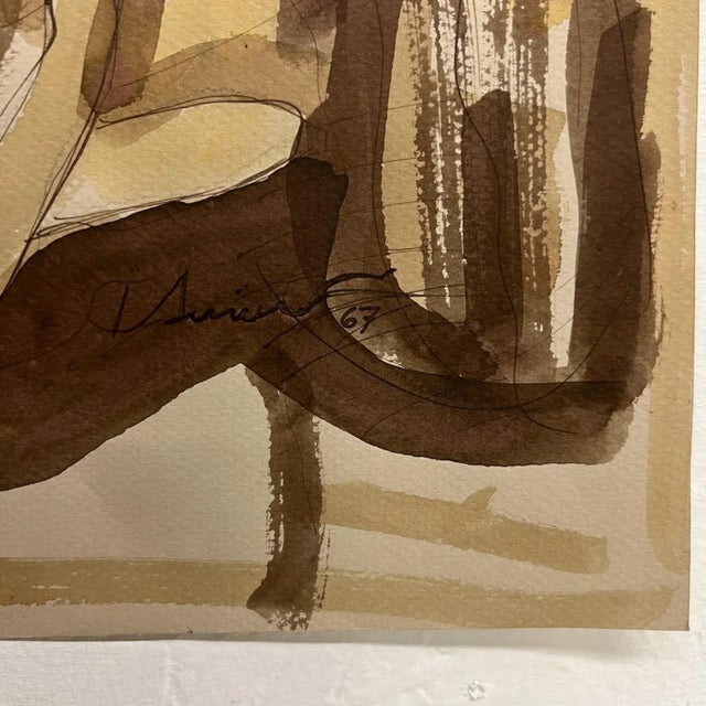 Stylized Brown Portrait Watercolor, Signed Circa 1967, 10.5x17 Inches For Sale In San Diego - Image 6 of 9