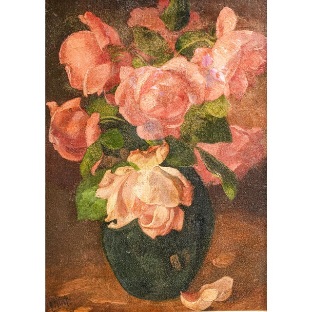 A beautifully evocative example of mid-century decorative art, this oil on board still life captures the timeless elegance...