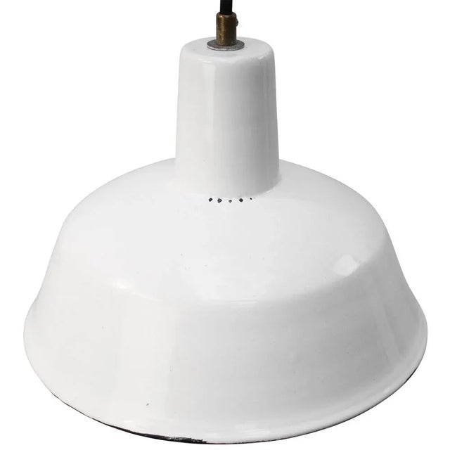 Vintage Industrial Factory White Enamel Pendant Lights For Sale - Image 5 of 5