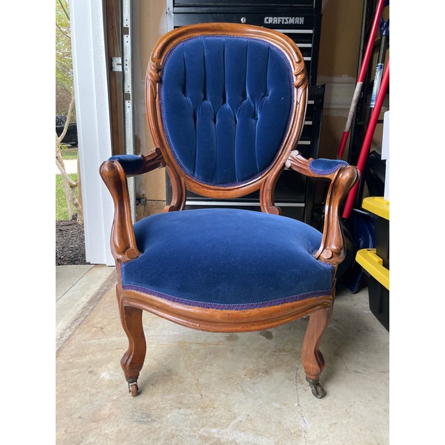 Gorgeous blue upholstery Victorian loveseat with matching chair - great condition! It's been in my family since the 1880s,...