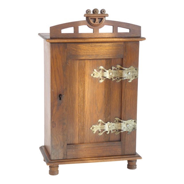 Vintage Dutch Oak Medicine Cabinet with Brass Decor, 1920s For Sale