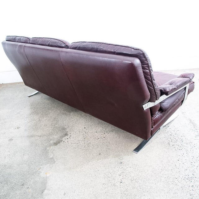 Arne Norell 1960s Mid Century Danish Modern Sofa Couch Burgundy Chrome Leather Attributed to Arne Norell 3 Seat For Sale - Image 4 of 11