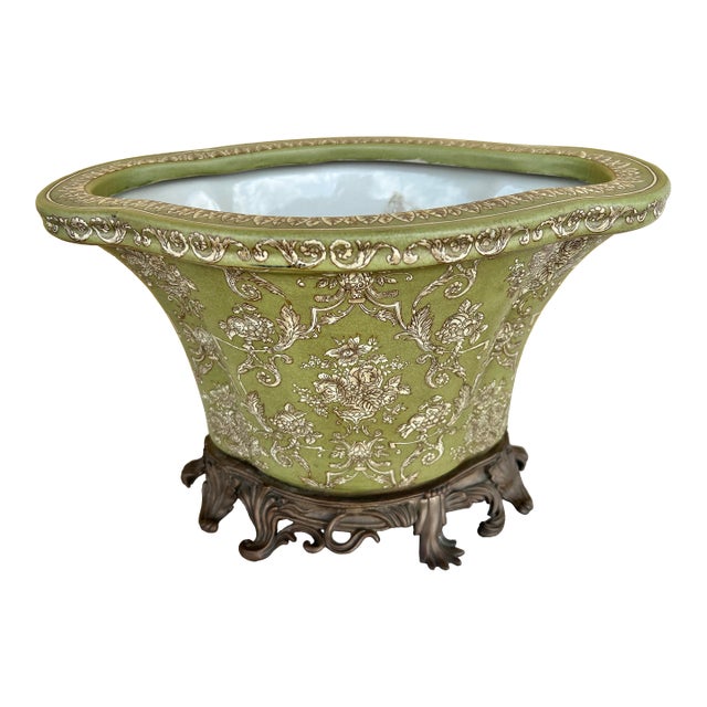 Antique Green Porcelain Crackle Glaze Bowl / Brass Footed Cache Pot / Jardiniere For Sale