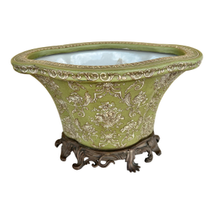 Antique Green Porcelain Crackle Glaze Bowl / Brass Footed Cache Pot / Jardiniere