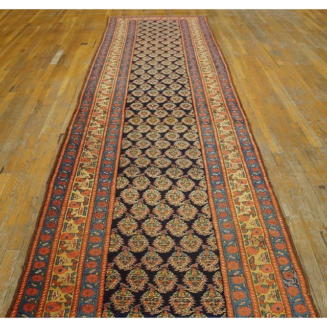 1900s Navy Blue Paisley Tribal Antique Nw Persian Carpet Runner 3' 3" X 15' Knotted Wool Rug For Sale - Image 11 of 12