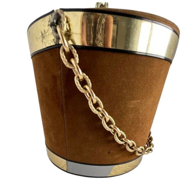 Georges Briard Brown Suede Ice Bucket With Gold Tone Chain Handle MCM 1960s Mid-Century For Sale - Image 9 of 12