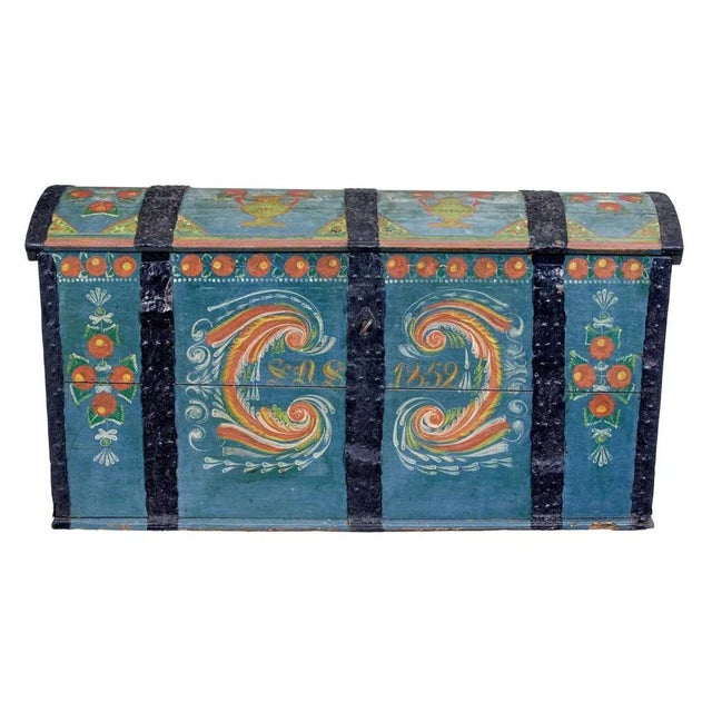 Mid 19th Century Swedish Hand Painted Oak Dome Top Coffer For Sale - Image 9 of 10