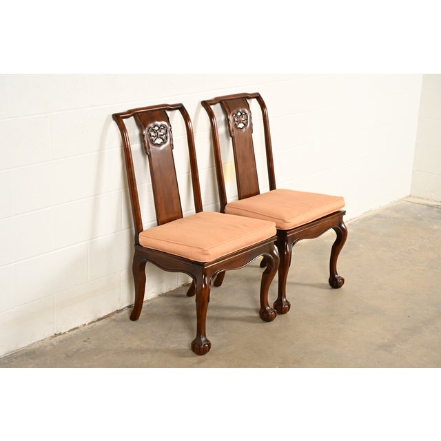 Drexel Heritage Drexel Heritage Hollywood Regency Chinoiserie Sculpted Mahogany Side Chairs or Dining Chairs, Pair For Sale - Image 4 of 15