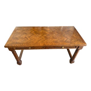Solid Oak Parquetry Top Desk/ Table – 2 Drawers – Vintage / Traditional Style For Sale
