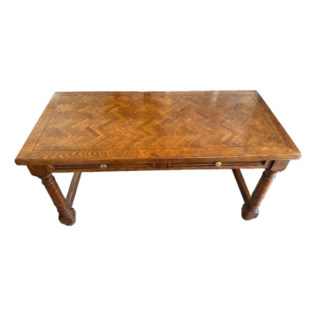 Solid Oak Parquetry Top Desk/ Table – 2 Drawers – Vintage / Traditional Style For Sale