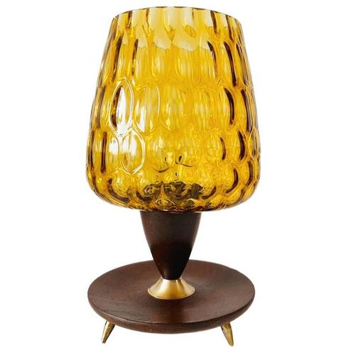 Brown Mid-Century Danish Table Lamp in Amber Glass, Teak and Brass, 1970s For Sale - Image 8 of 8