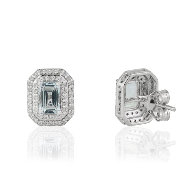 1.23ct Modern Aquamarine & Diamond Double Halo Stud Earrings 14k Gold- 2 Pieces For Sale - Image 4 of 16